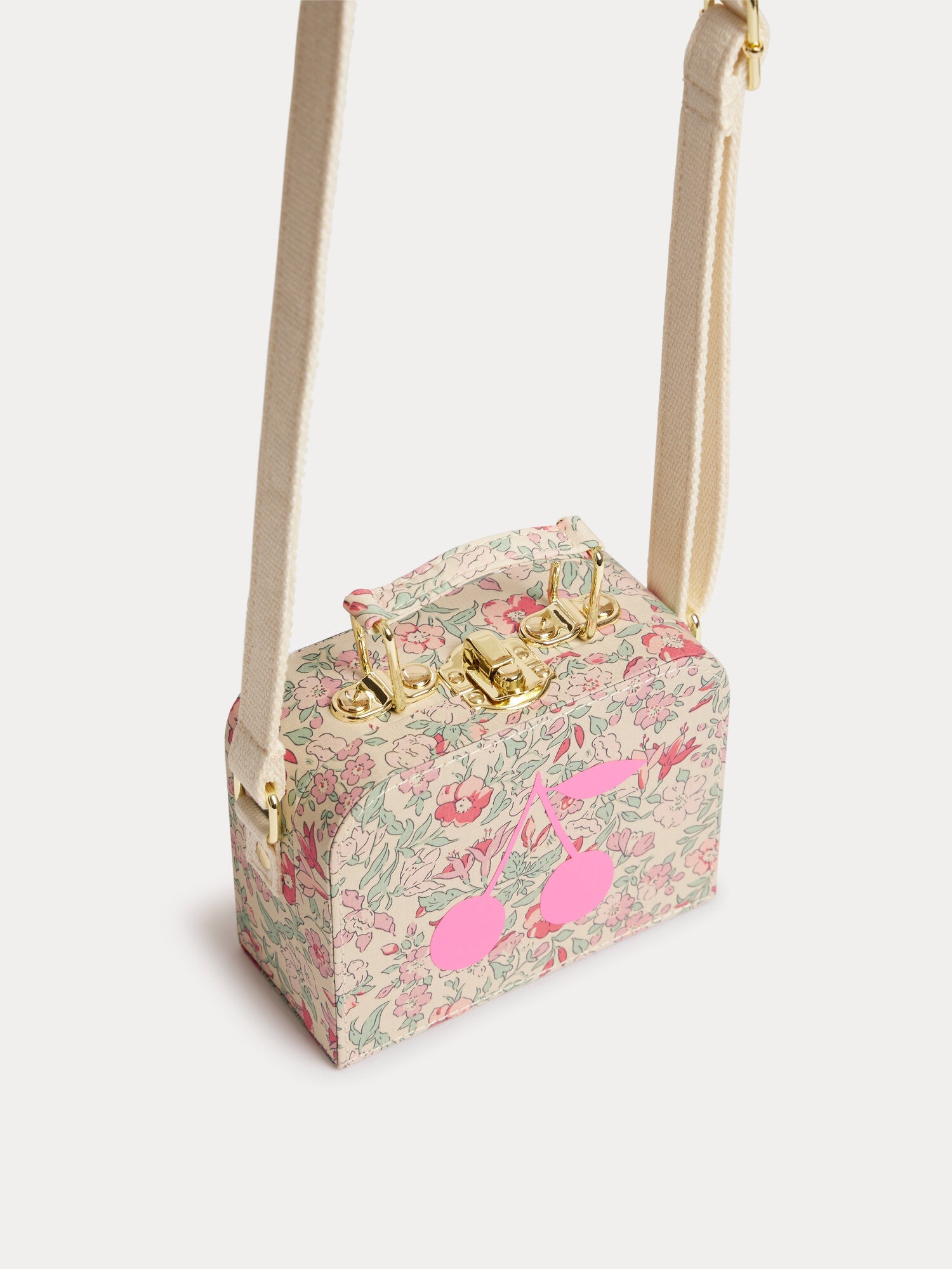 Sac de voyage de couleur framboise en tissu avec imprimé cerises en coton biologique