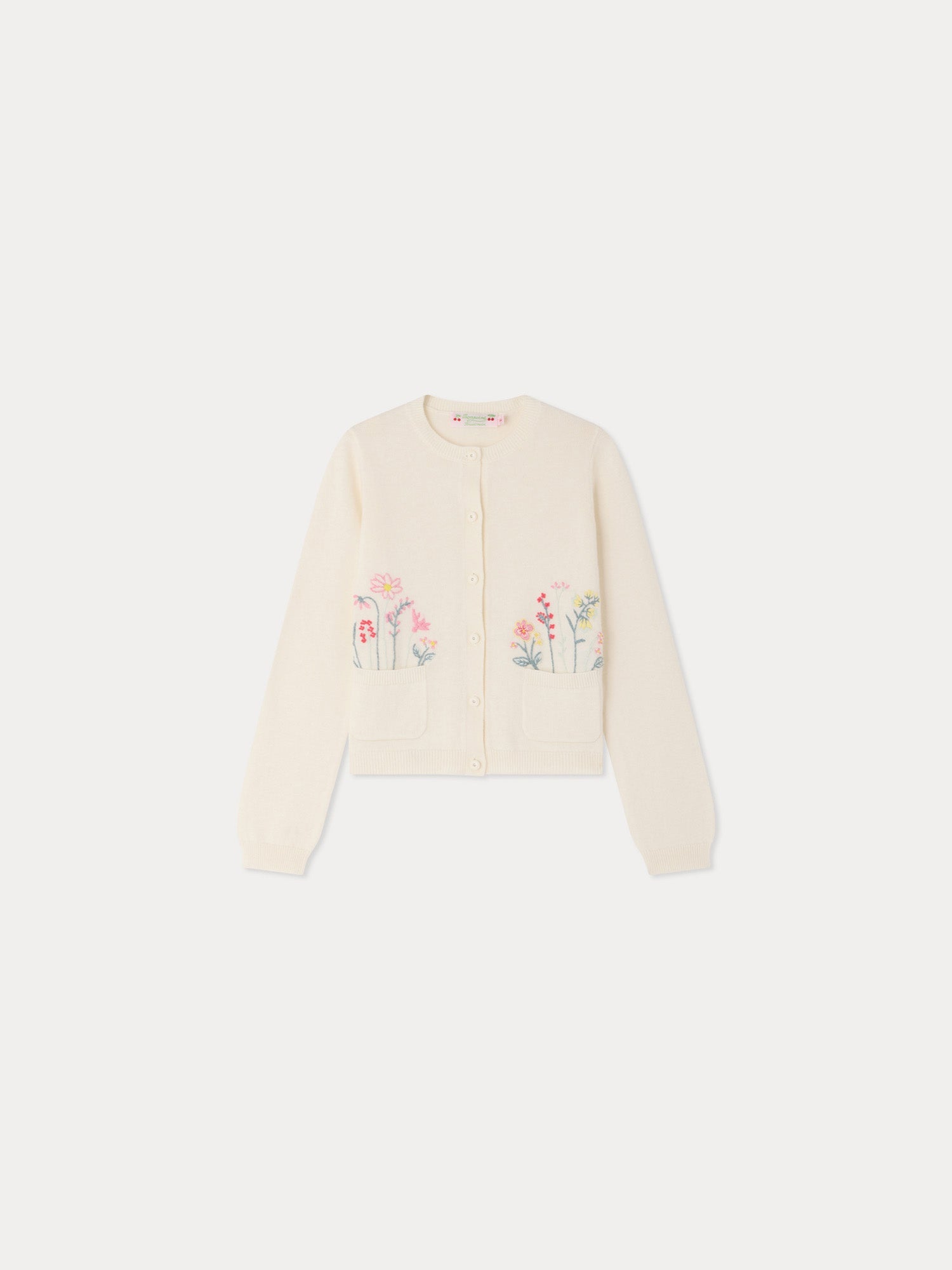 cardigan col rond en coton biologique et cachemire avec broderies de fleurs à la main