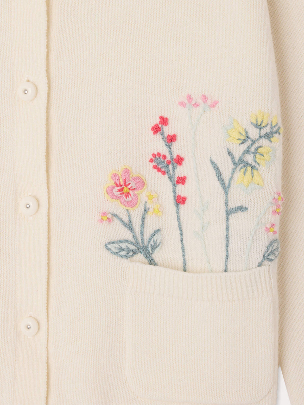 cardigan col rond en coton biologique et cachemire avec broderies de fleurs à la main